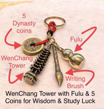 A key chain with the names of five dynasty coins and writing brush.