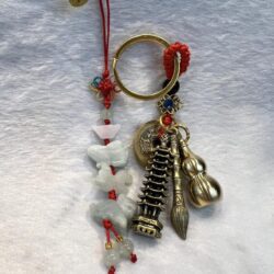 A key chain with some charms hanging from it