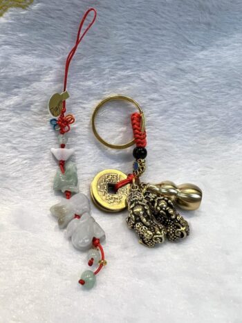 A key chain with a coin and beads on it.