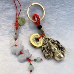 A key chain with a coin and some beads