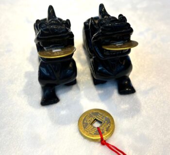 A pair of black chinese dogs with gold trim and a coin.