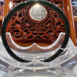 A black and clear plastic chair with a wooden carved wall behind it.