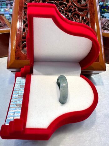 A red and white piano shaped box with a green instrument inside.