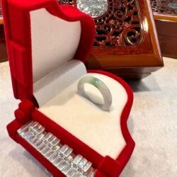 A red velvet box with a ring in it