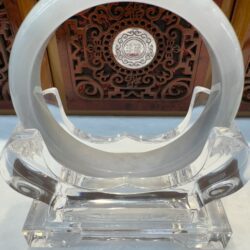 Crystal trophy with intricate wooden background design.