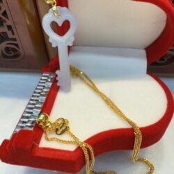Gold chain and key pendant in box.