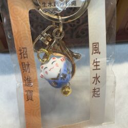 Lucky cat keychain in packaging with text.
