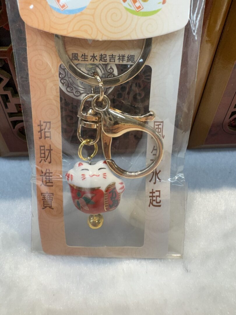 Lucky cat keychain in packaging.