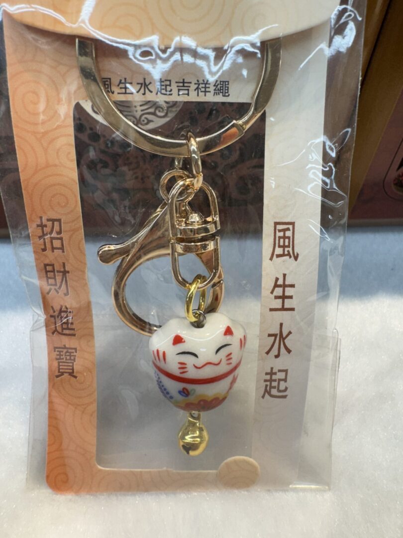 Lucky cat keychain with packaging.