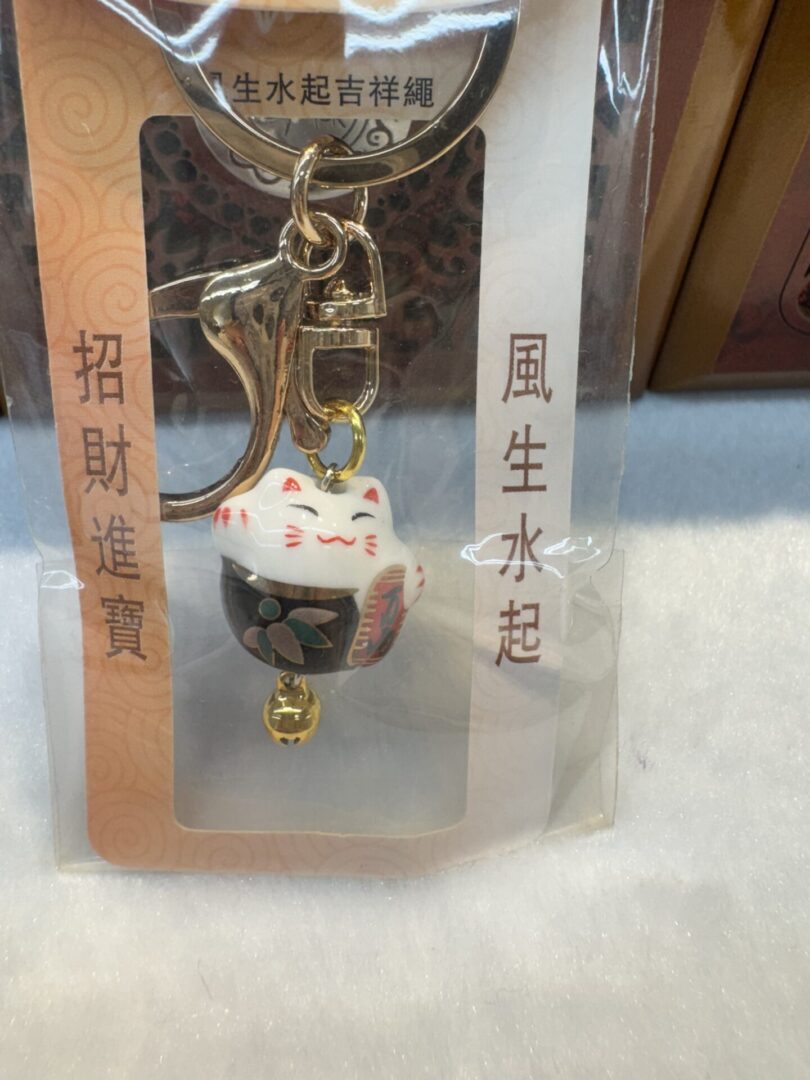 Lucky cat keychain in packaging.