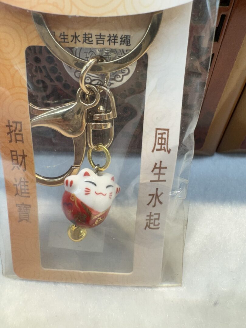Lucky cat keychain in packaging.