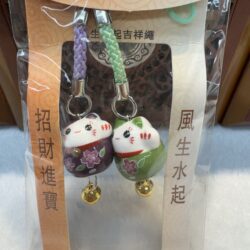 Lucky cat charms with floral design packaging.