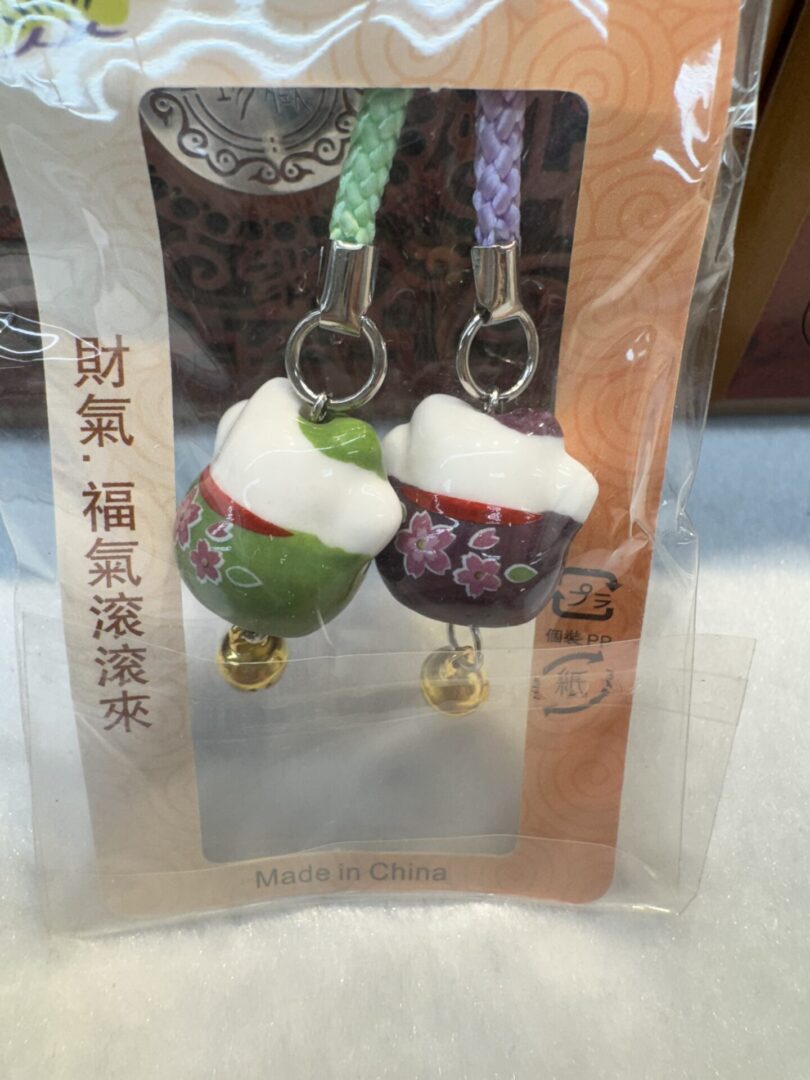 Colorful decorative ornaments in packaging.