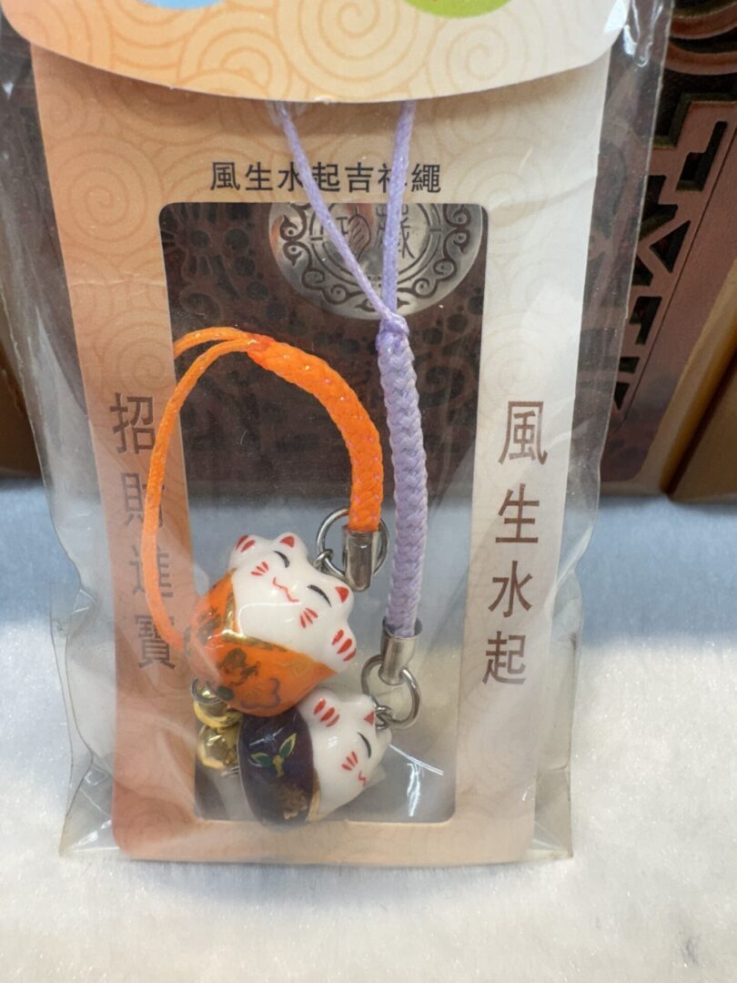 Lucky cat charm with colorful straps.