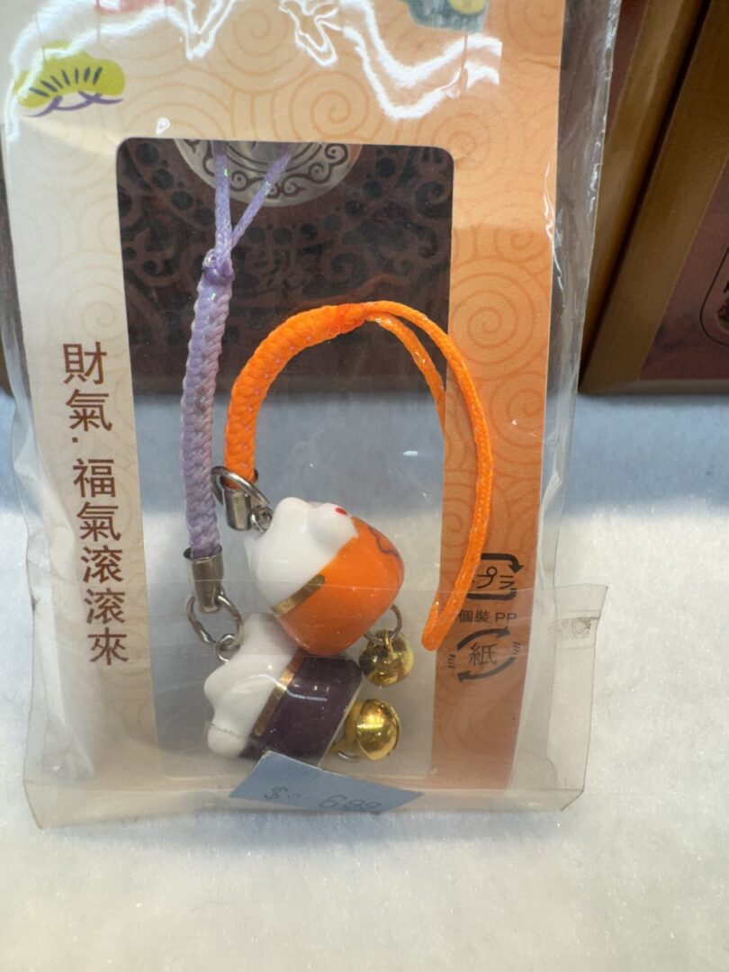 Cat charm with orange and purple outfit.