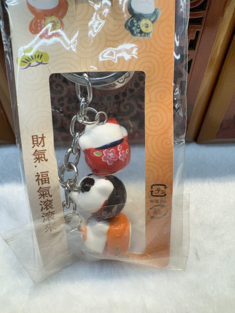 Colorful panda-themed keychain in packaging.