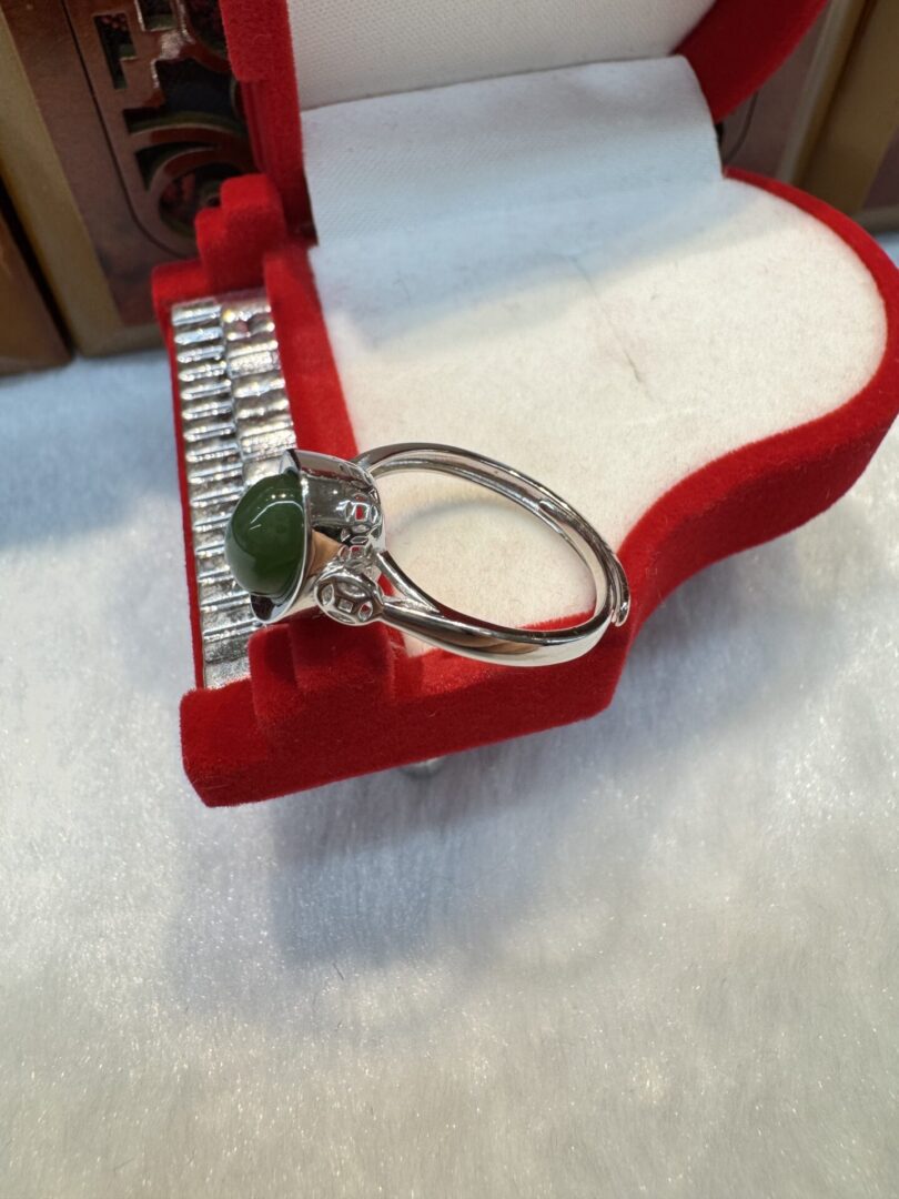 Side view of silver ring with jade center