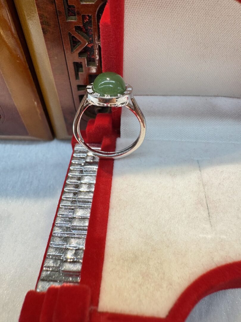 Back profile of silver ring showcasing cabochon