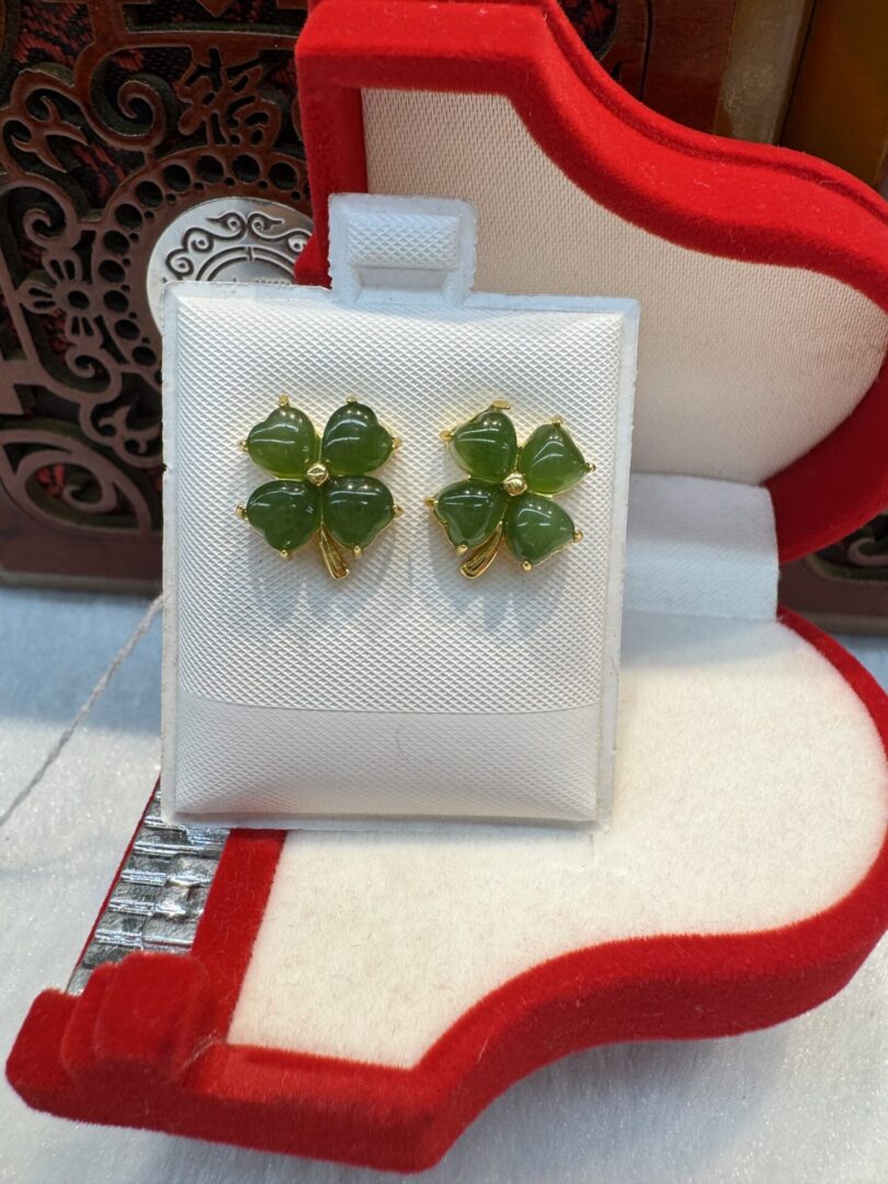 Certified Real Jade Earrings in GP Sterling Silver, Hetian Jade; clover